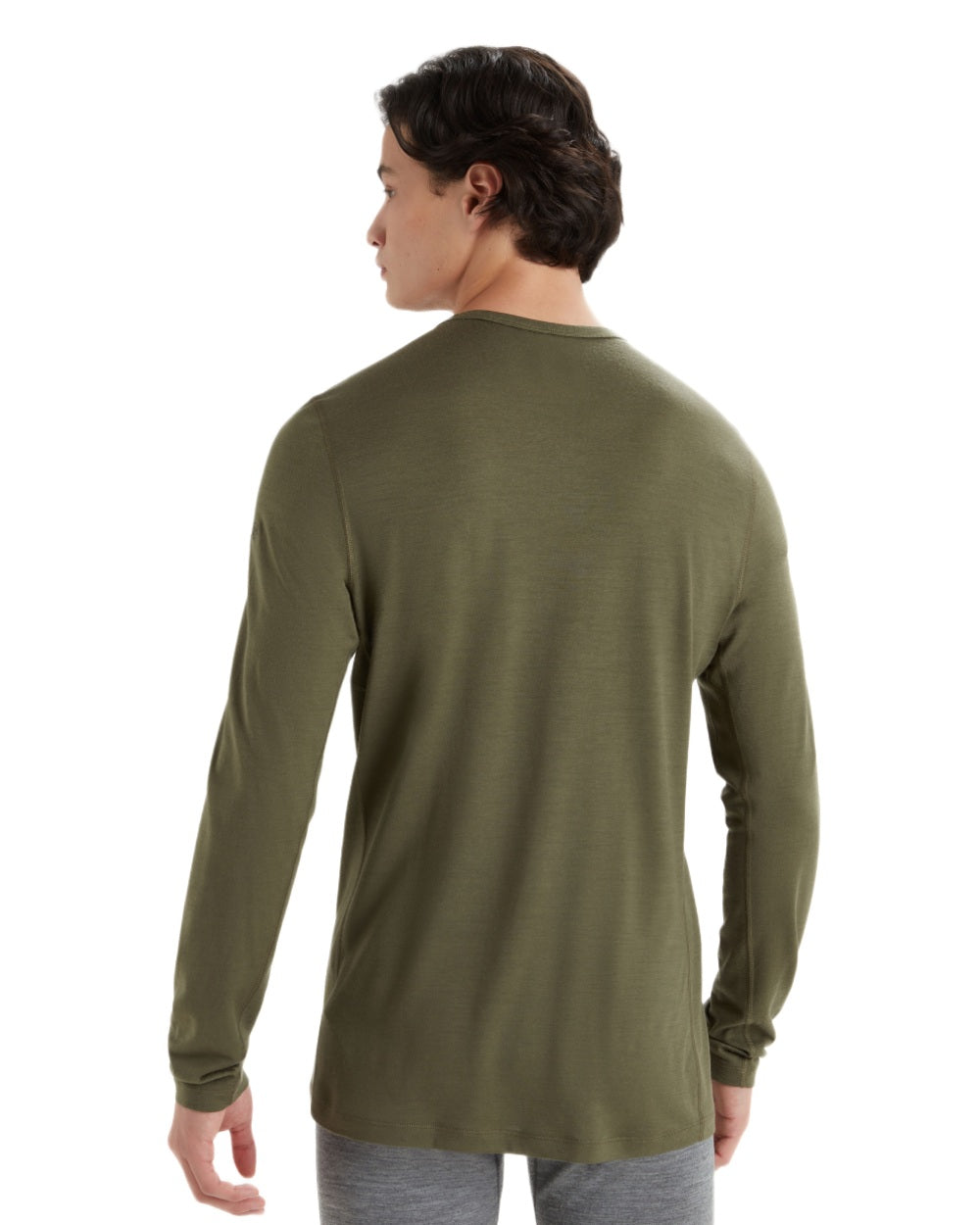 Loden Coloured Icebreaker Mens Merino 200 Oasis Crewe Thermal Top on white background 