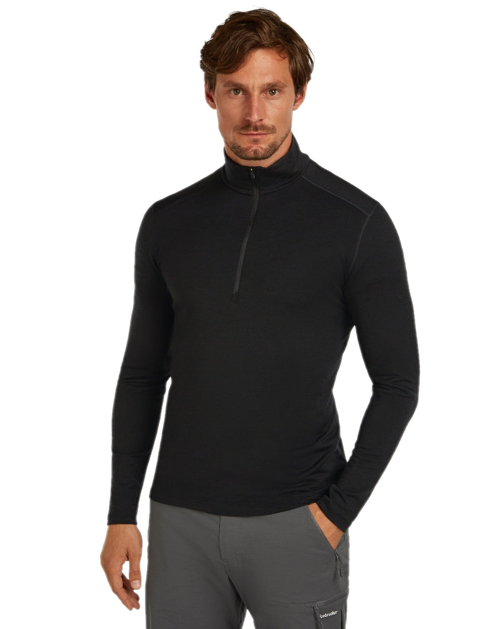 Black Coloured Icebreaker Mens Merino 200 Oasis Half Zip Thermal Top on white background 