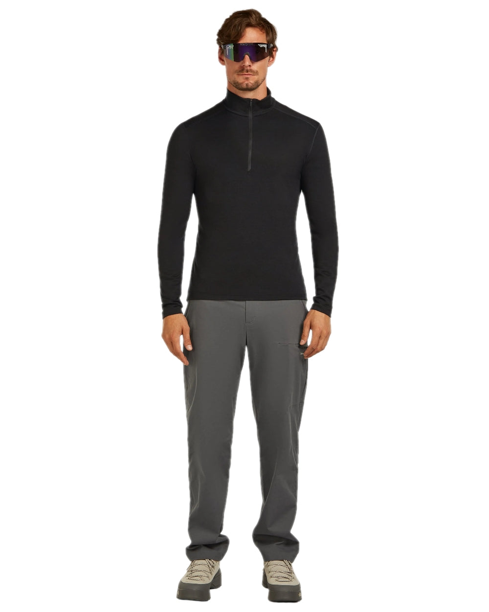 Black Coloured Icebreaker Mens Merino 200 Oasis Half Zip Thermal Top on white background 