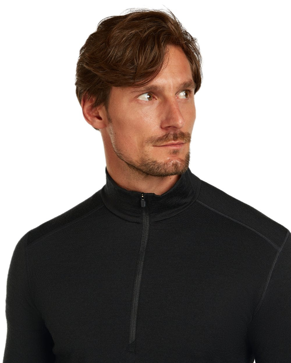Black Coloured Icebreaker Mens Merino 200 Oasis Half Zip Thermal Top on white background 