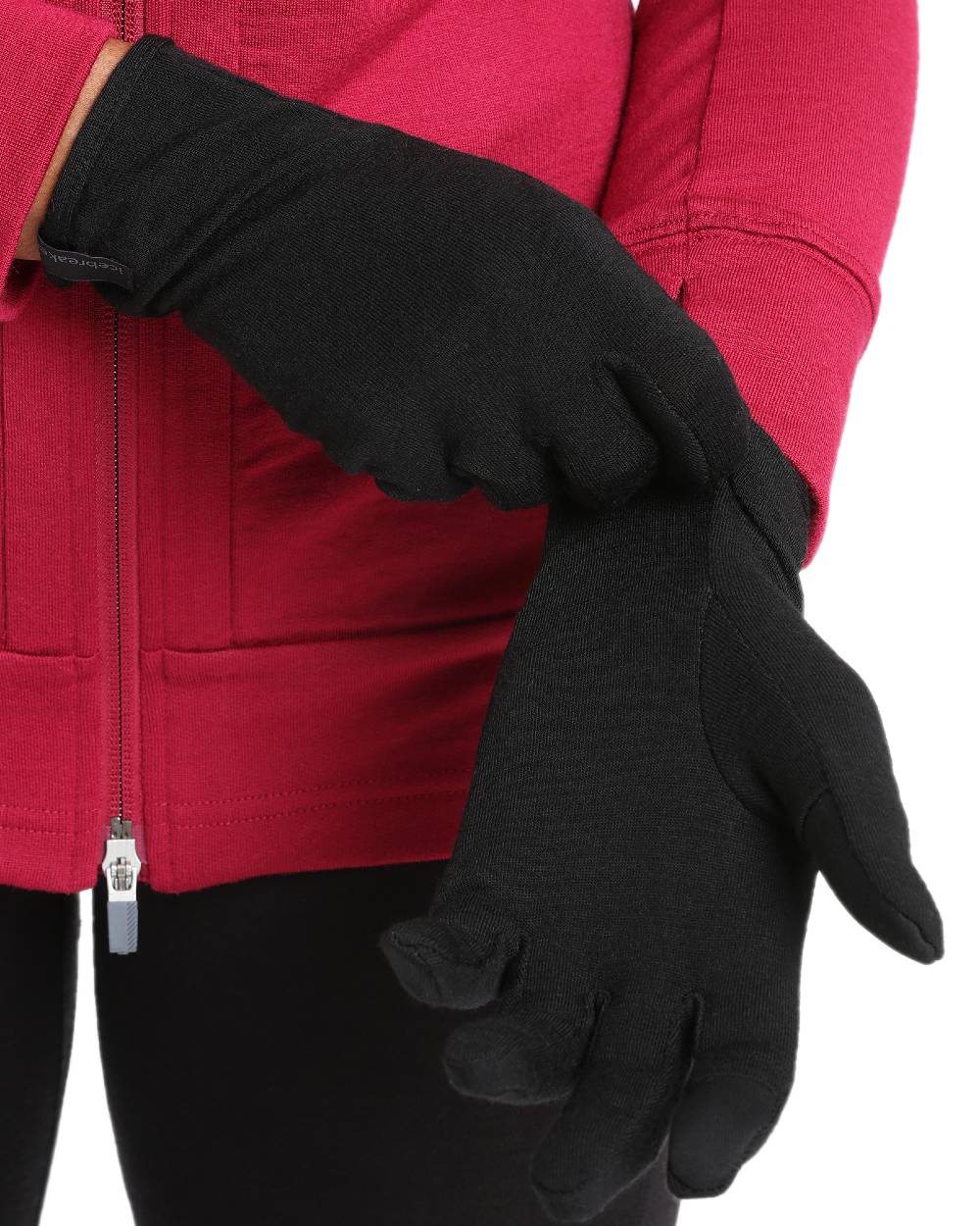 Black Coloured Icebreaker Unisex 260 Tech Gloves Liner on white background 