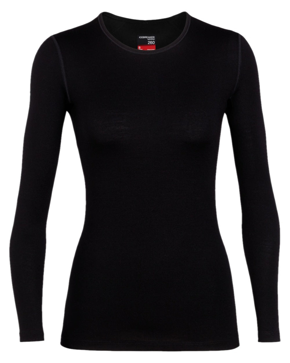 Black Coloured Icebreaker Womens 260 Tech Crewe Thermal Top on white background 