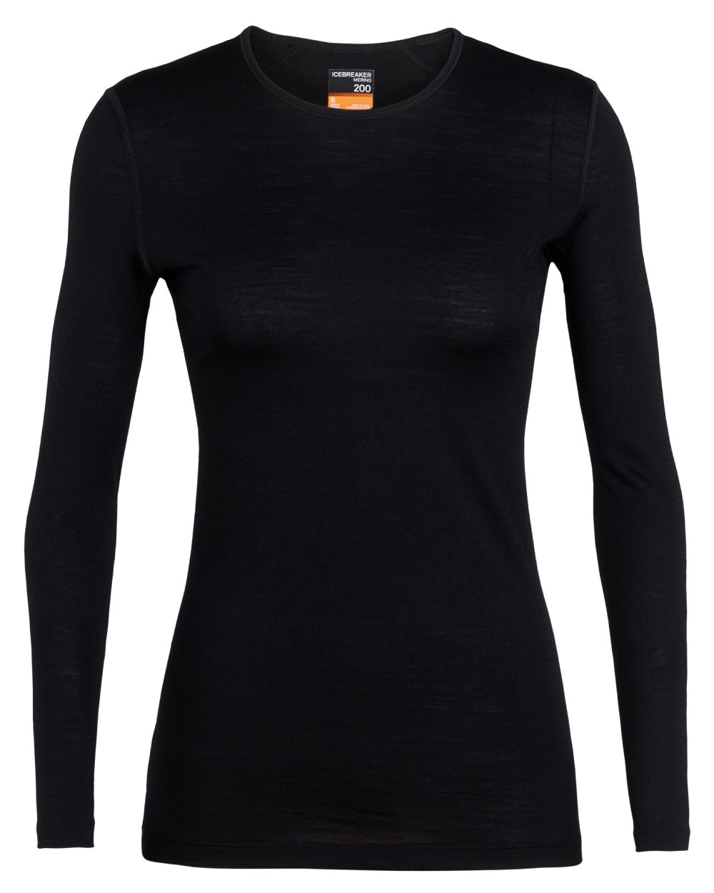 Black Coloured Icebreaker Womens Merino 200 Oasis Crewe Thermal Top on white background 