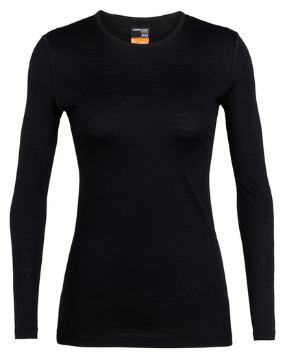 Black Coloured Icebreaker Womens Merino 200 Oasis Crewe Thermal Top on white background 