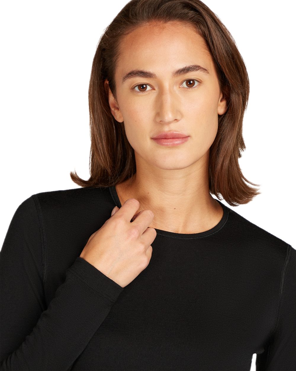 Black Coloured Icebreaker Womens Merino 200 Oasis Crewe Thermal Top on white background 