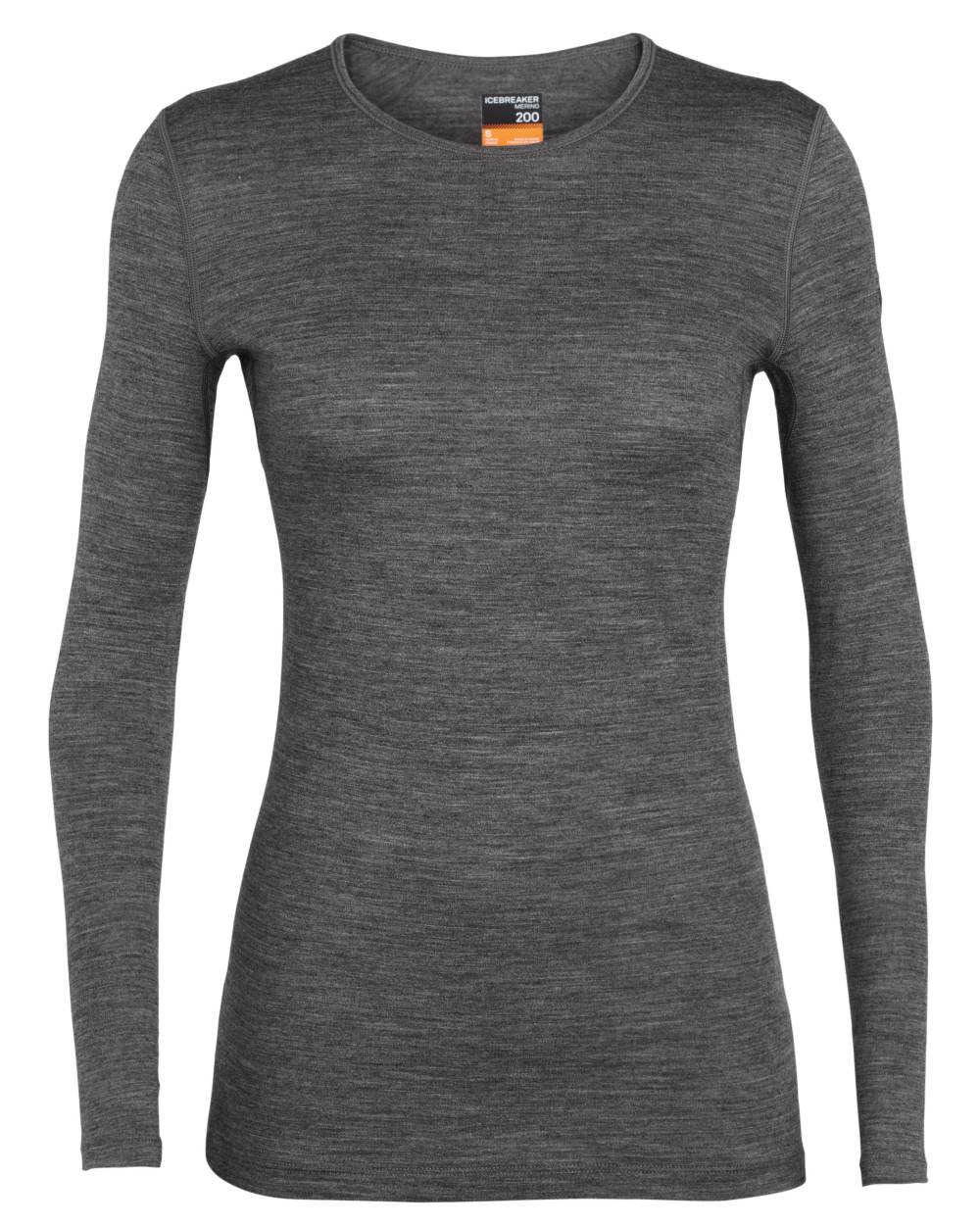 Gritstone Heather Coloured Icebreaker Womens Merino 200 Oasis Crewe Thermal Top on white background 
