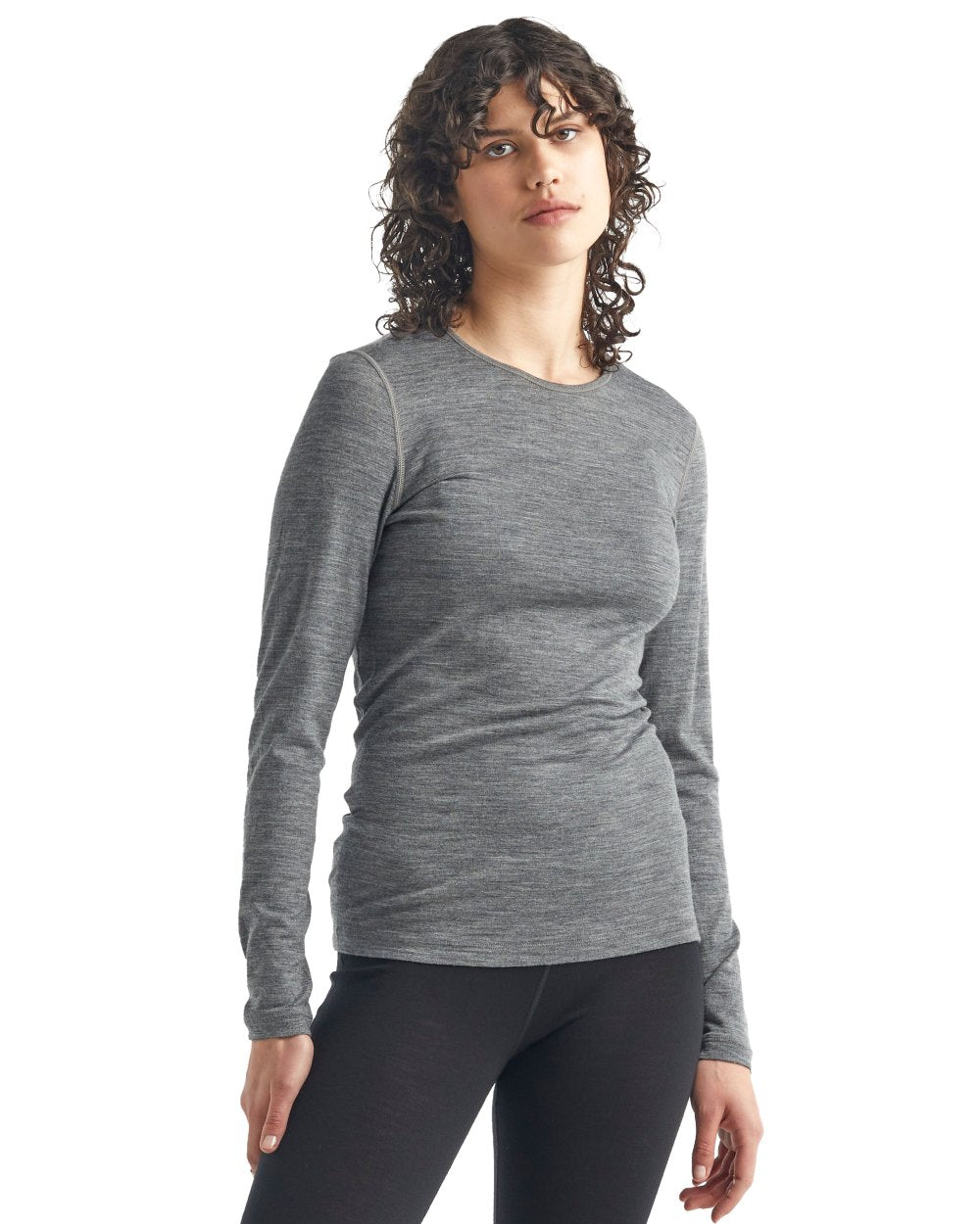 Gritstone Heather Coloured Icebreaker Womens Merino 200 Oasis Crewe Thermal Top on white background 