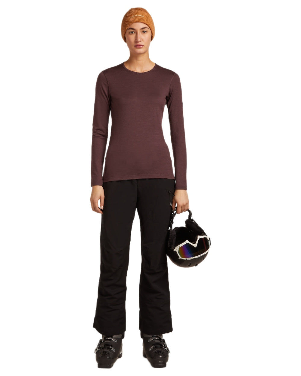 Java Coloured Icebreaker Womens Merino 200 Oasis Crewe Thermal Top on white background 