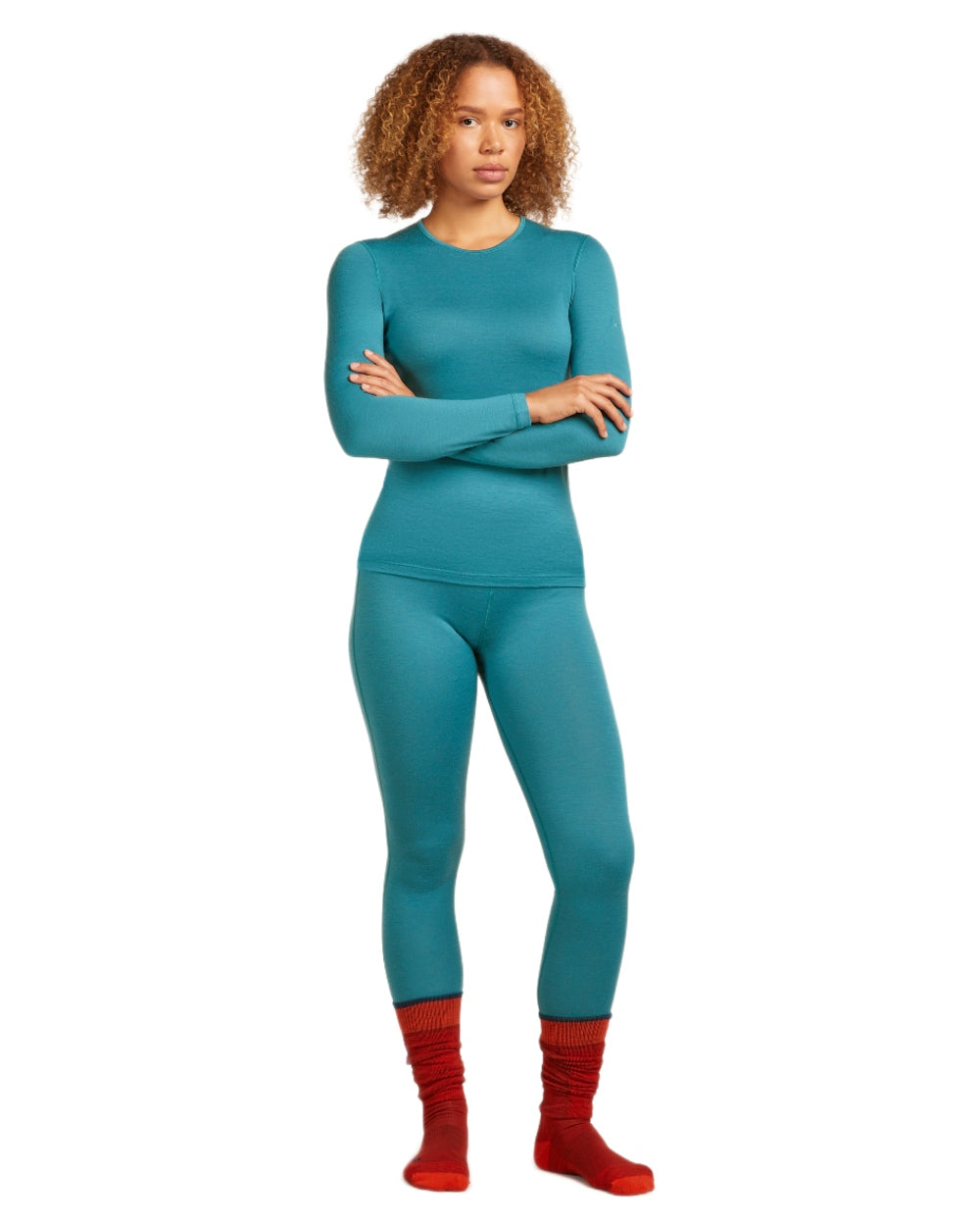 Topaz Coloured Icebreaker Womens Merino 200 Oasis Crewe Thermal Top on white background 