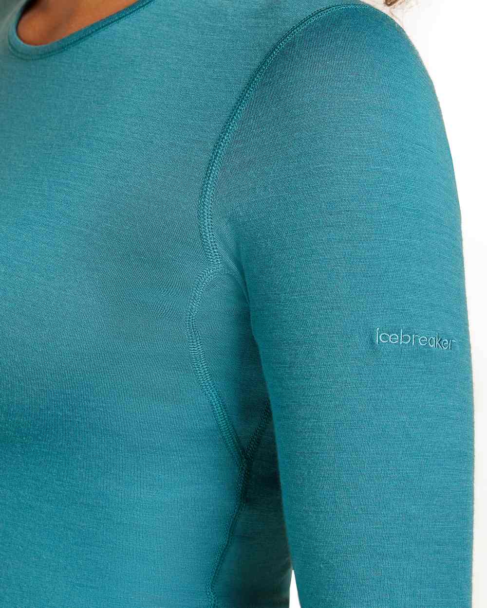 Topaz Coloured Icebreaker Womens Merino 200 Oasis Crewe Thermal Top on white background 