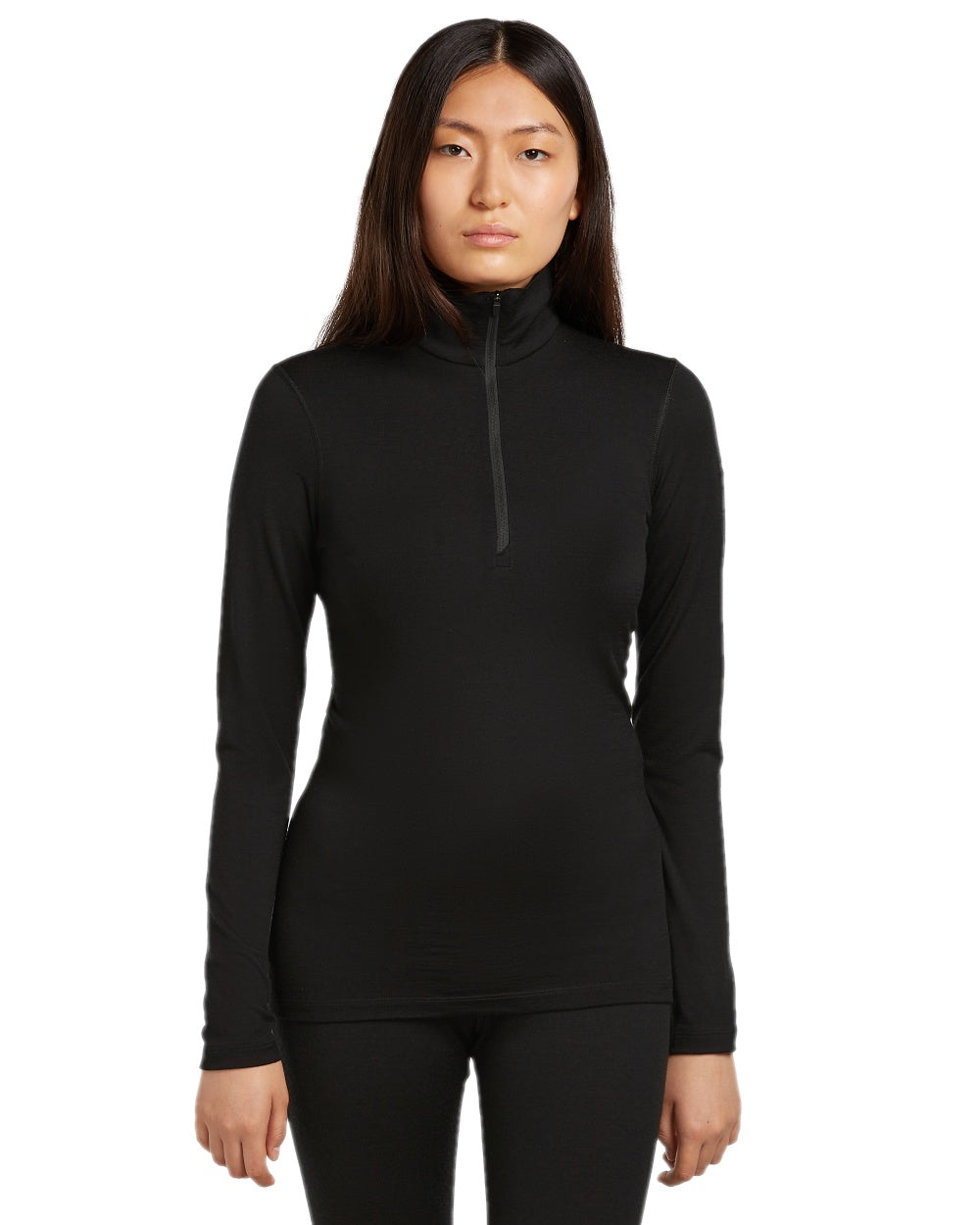 Black Coloured Icebreaker Womens Merino 200 Oasis Half Zip Thermal Top on white background 