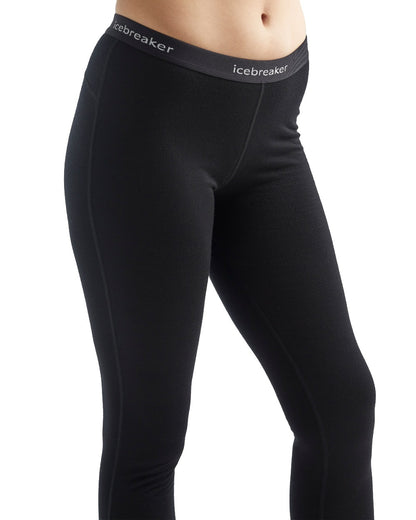 Black Coloured Icebreaker Womens Merino 200 Oasis Thermal Leggings on white background 