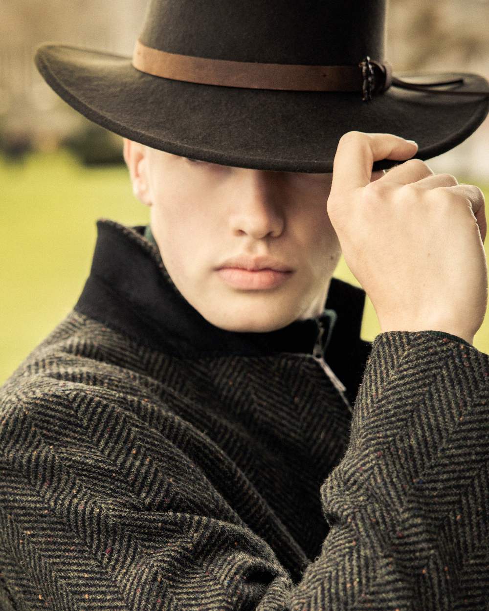 Olive Coloured Jack Murphy Boston Crushable Felt Hat on outdoor background 