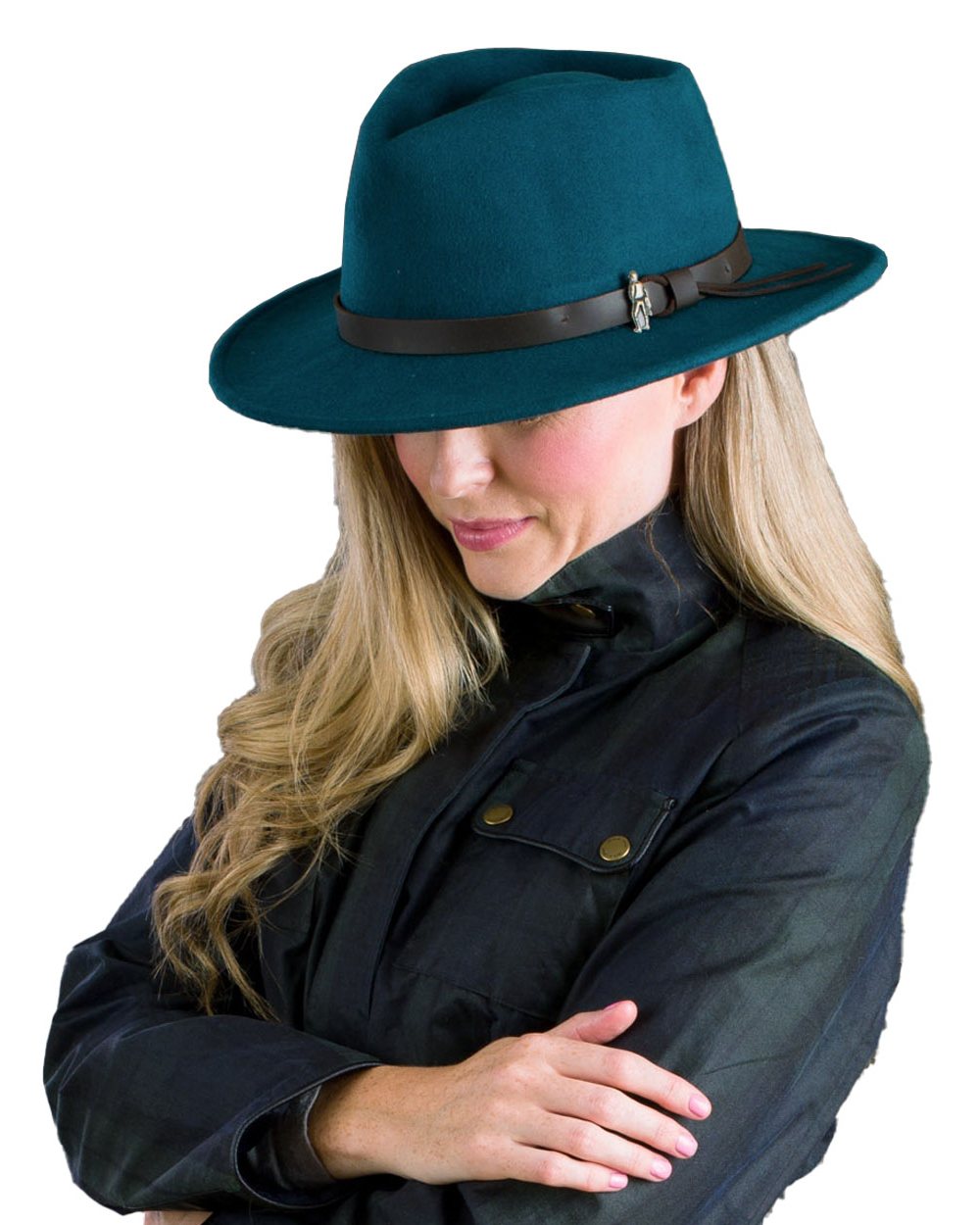 Teal Green coloured Jack Murphy Boston Crushable Felt Hat on wall background 