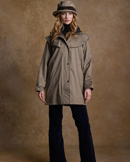 Chinchilla Coloured Jack Murphy Cotswold Ladies Waterproof 3/4 Coat on indoor background 