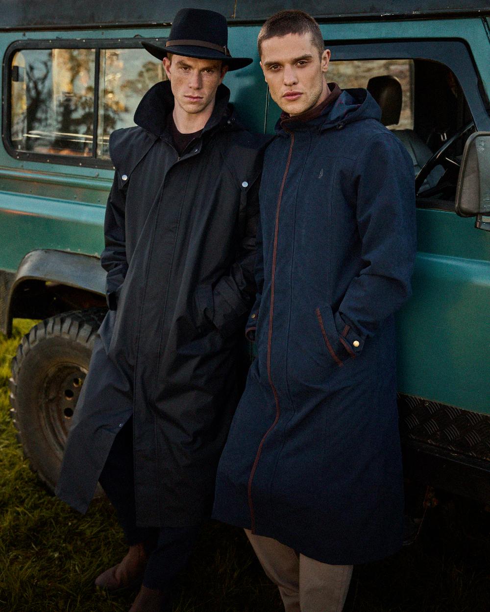Navy Coloured Jack Murphy Emmet Waterproof Long Coat on outdoor background 