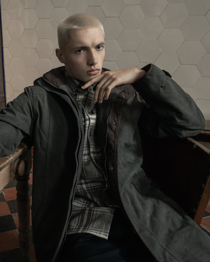 Olive Coloured Jack Murphy Emmet Waterproof Long Coat on outdoor background 