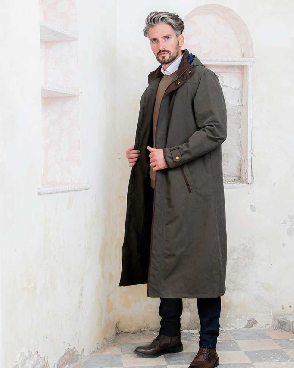 Olive Jack Murphy Emmet Waterproof Long Coat on wall background 