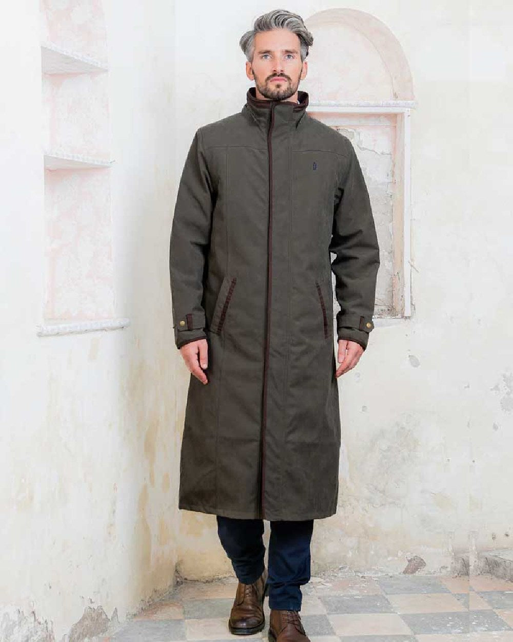 Olive Jack Murphy Emmet Waterproof Long Coat on wall background 