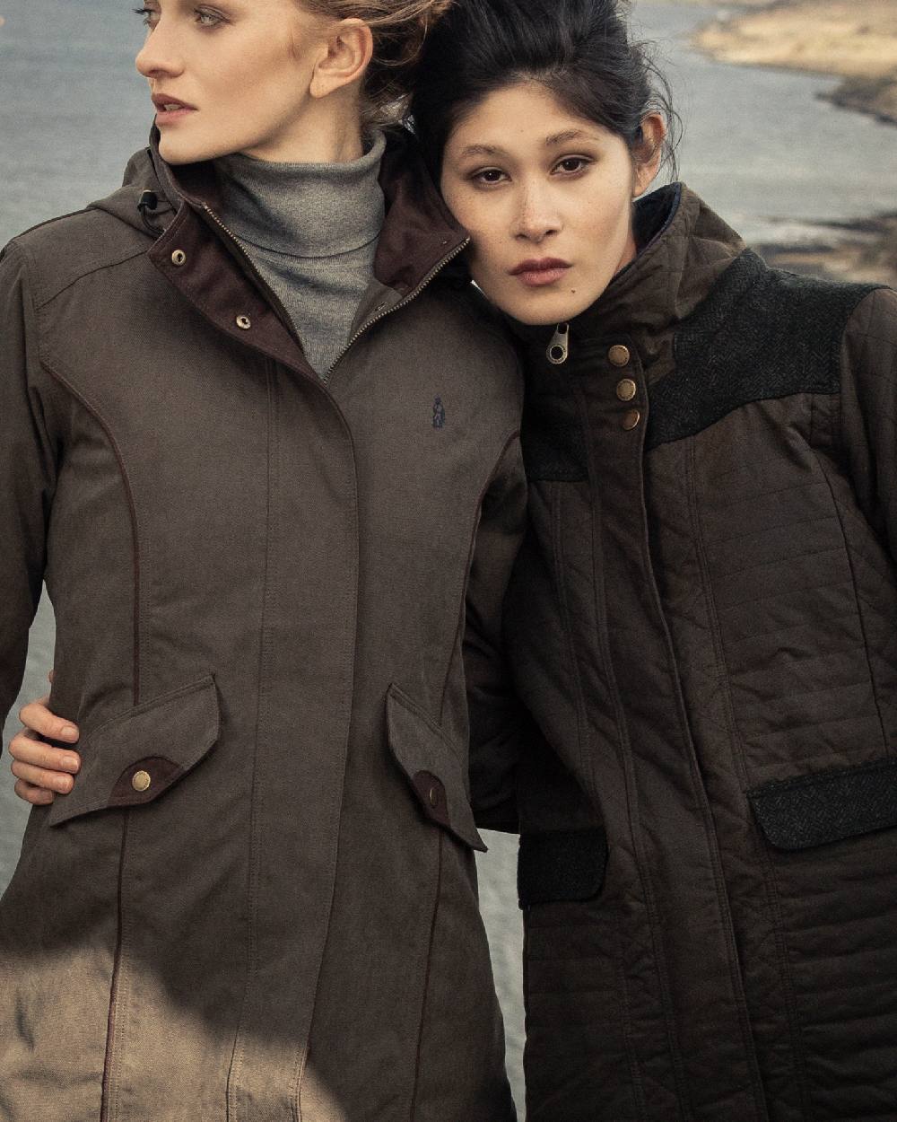 Olive Coloured Jack Murphy Erin Long Waterproof Coat on outdoor background 