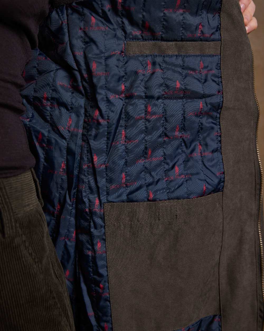 Olive Coloured Jack Murphy Erin Long Waterproof Coat on indoor background 