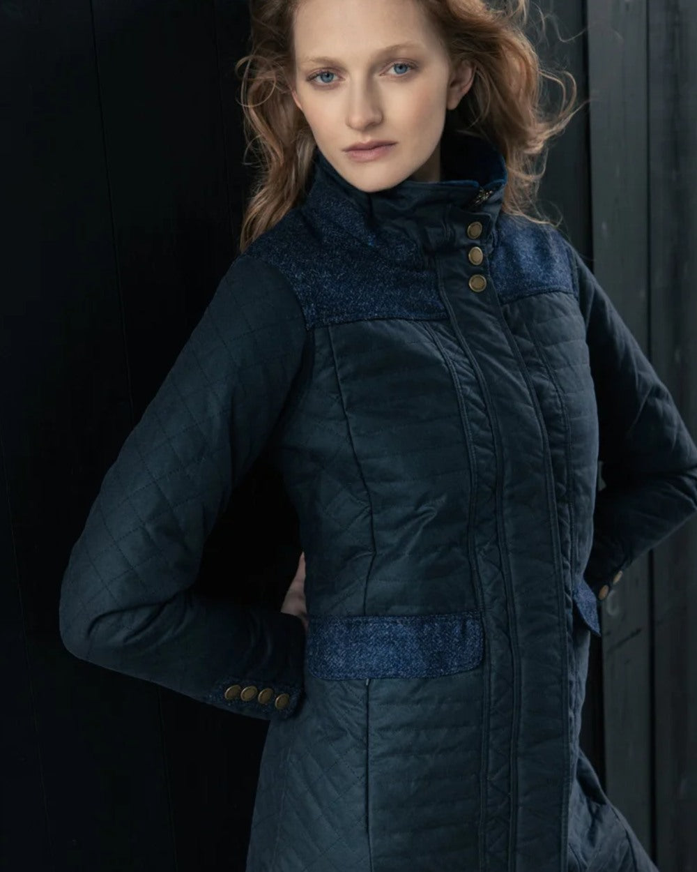 Navy Coloured Jack Murphy Jodie Wax Coat on outdoor background 