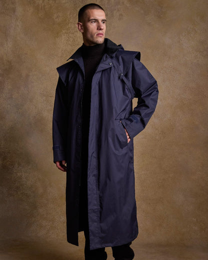 Navy Coloured Jack Murphy Lambourne Mens Long Bush Coat on indoor background 