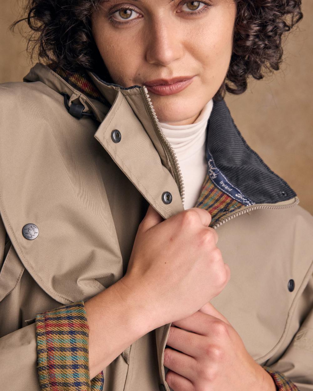 Chinchilla Coloured Jack Murphy Malvern Ladies Waterproof Bush Coat on indoor background 