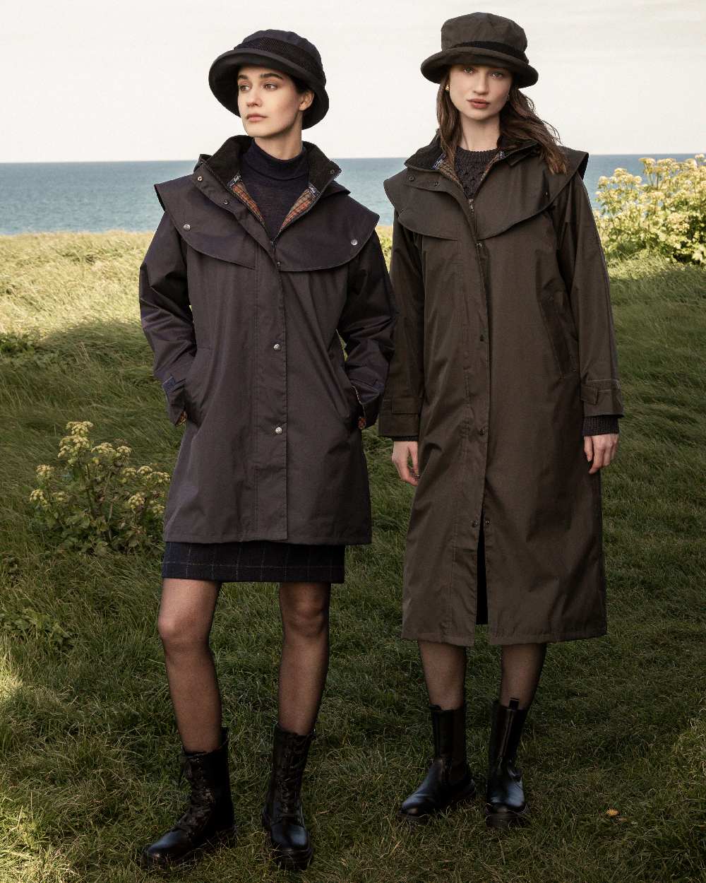 Olive Coloured Jack Murphy Malvern Ladies Waterproof Bush Coat on outdoor background 