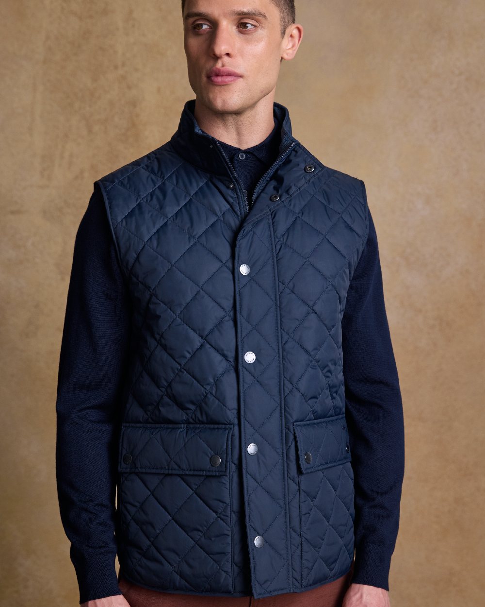 Navy Coloured Jack Murphy Mens Conor Quilted Gilet on indoor background 