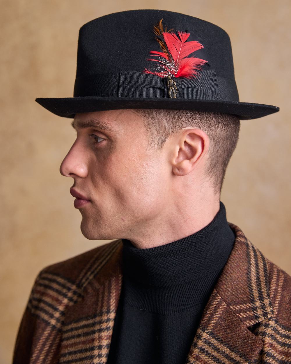 Black Coloured Jack Murphy Mens Kildare Trilby Felt Hat on indoor background 