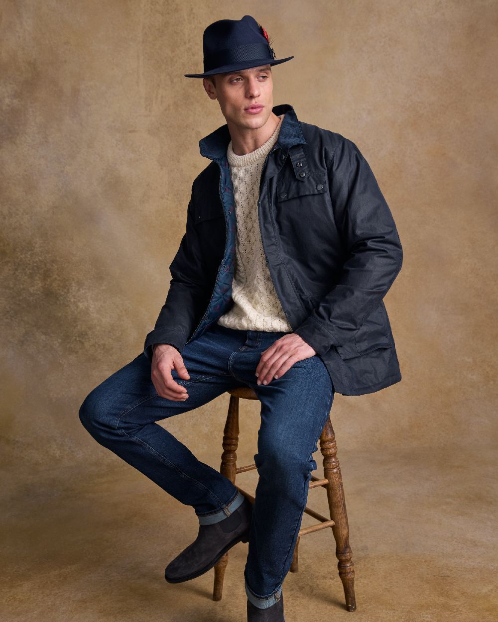 Navy Coloured Jack Murphy Mens Kildare Trilby Felt Hat on indoor background 