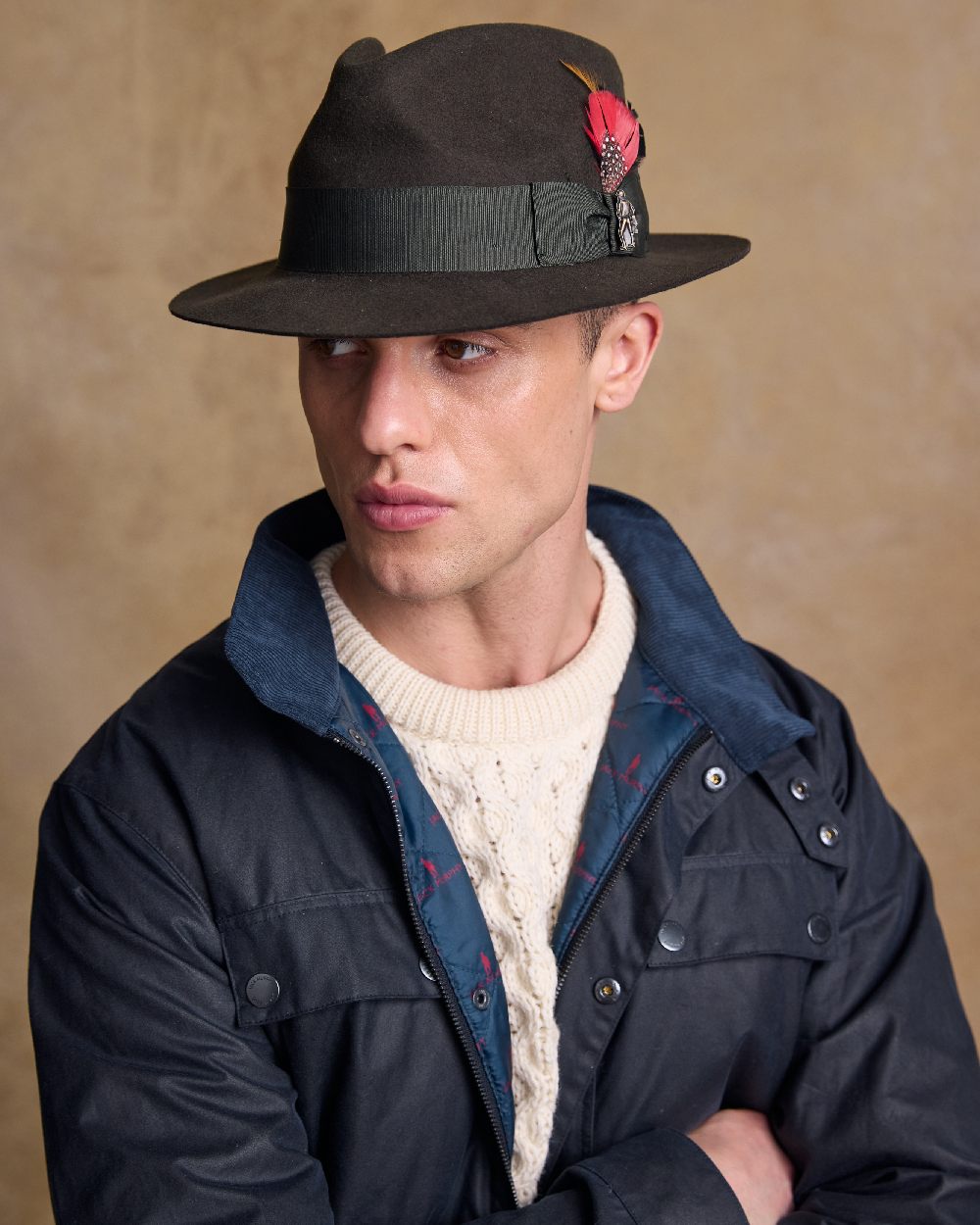 Olive Coloured Jack Murphy Mens Kildare Trilby Felt Hat on indoor background 