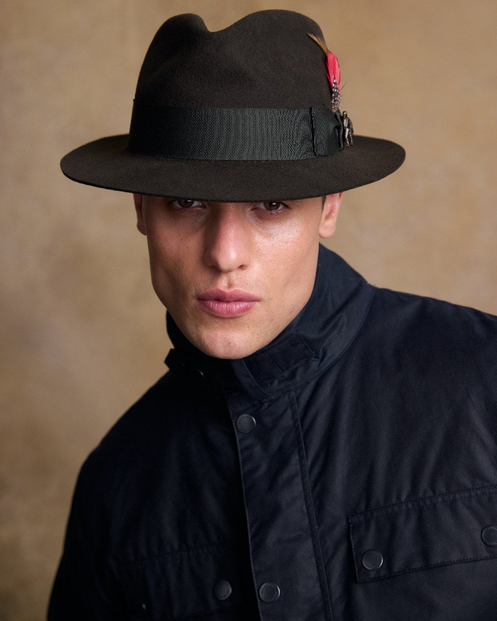 Olive Coloured Jack Murphy Mens Kildare Trilby Felt Hat on indoor background 