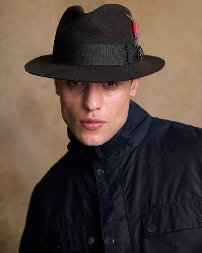 Olive Coloured Jack Murphy Mens Kildare Trilby Felt Hat on indoor background 