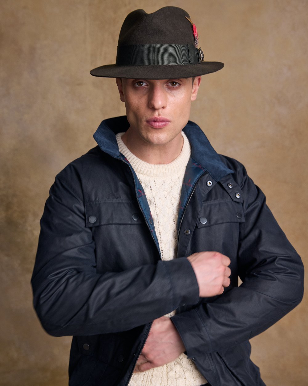 Olive Coloured Jack Murphy Mens Kildare Trilby Felt Hat on indoor background 
