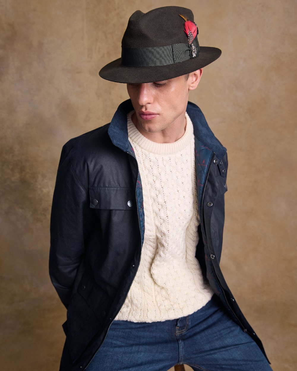 Olive Coloured Jack Murphy Mens Kildare Trilby Felt Hat on indoor background 