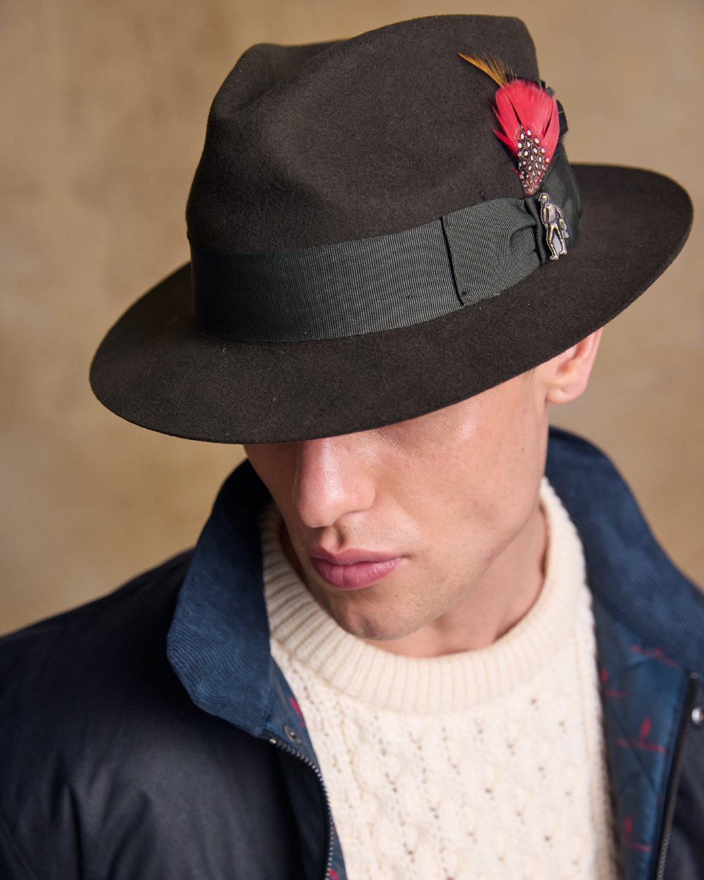 Olive Coloured Jack Murphy Mens Kildare Trilby Felt Hat on indoor background 