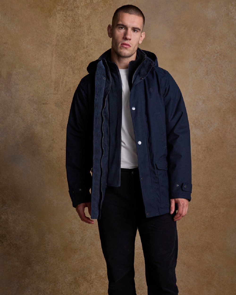 Navy Coloured Jack Murphy Mens Michael Waterproof Jacket on indoor background 
