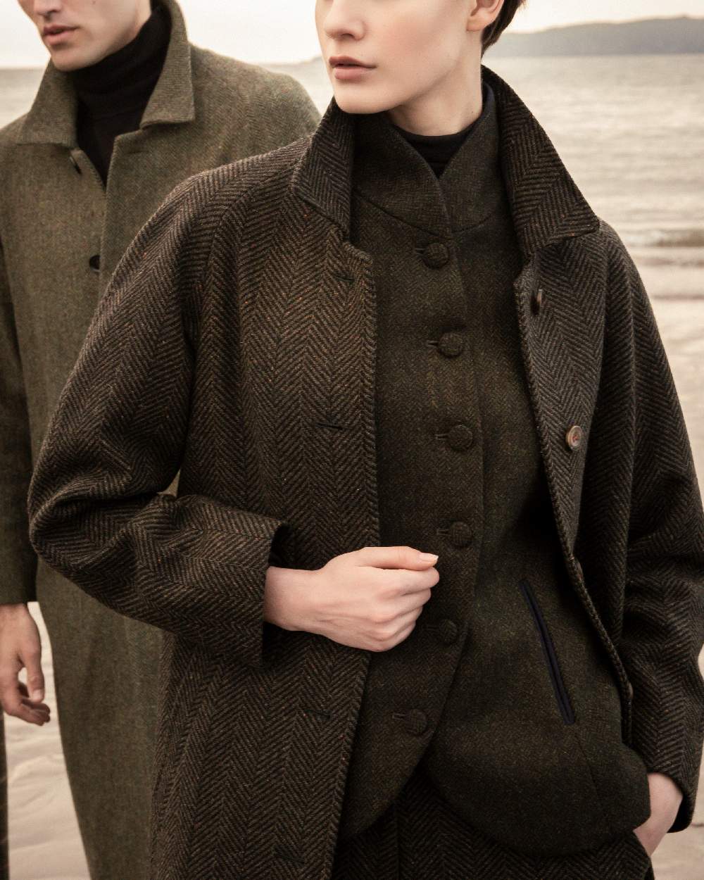 Deep Green Herringbone Coloured Jack Murphy Nicole Ladies Tweed Jacket on outdoor background 