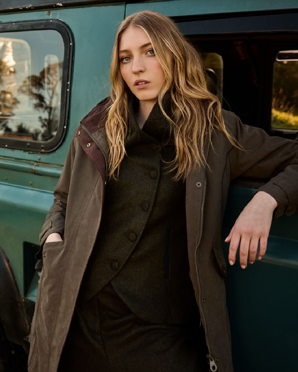 Deep Green Herringbone Coloured Jack Murphy Nicole Ladies Tweed Jacket on outdoor background 
