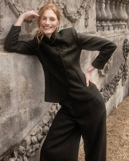 Deep Green Herringbone Coloured Jack Murphy Nicole Ladies Tweed Jacket on outdoor background 