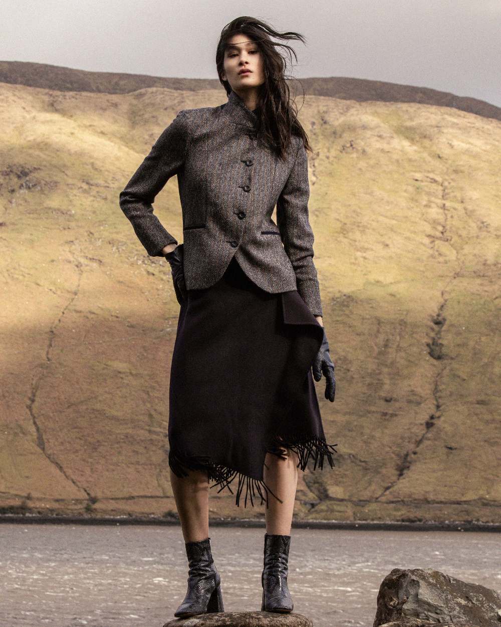 Blue Moon Herringbone Coloured Jack Murphy Sasha Tweed Jacket on outdoor background 