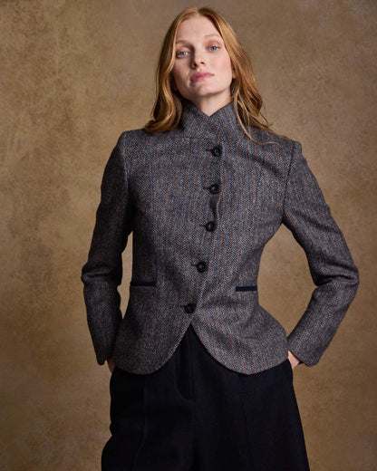 Blue Moon Herringbone Coloured Jack Murphy Sasha Tweed Jacket on indoor background 