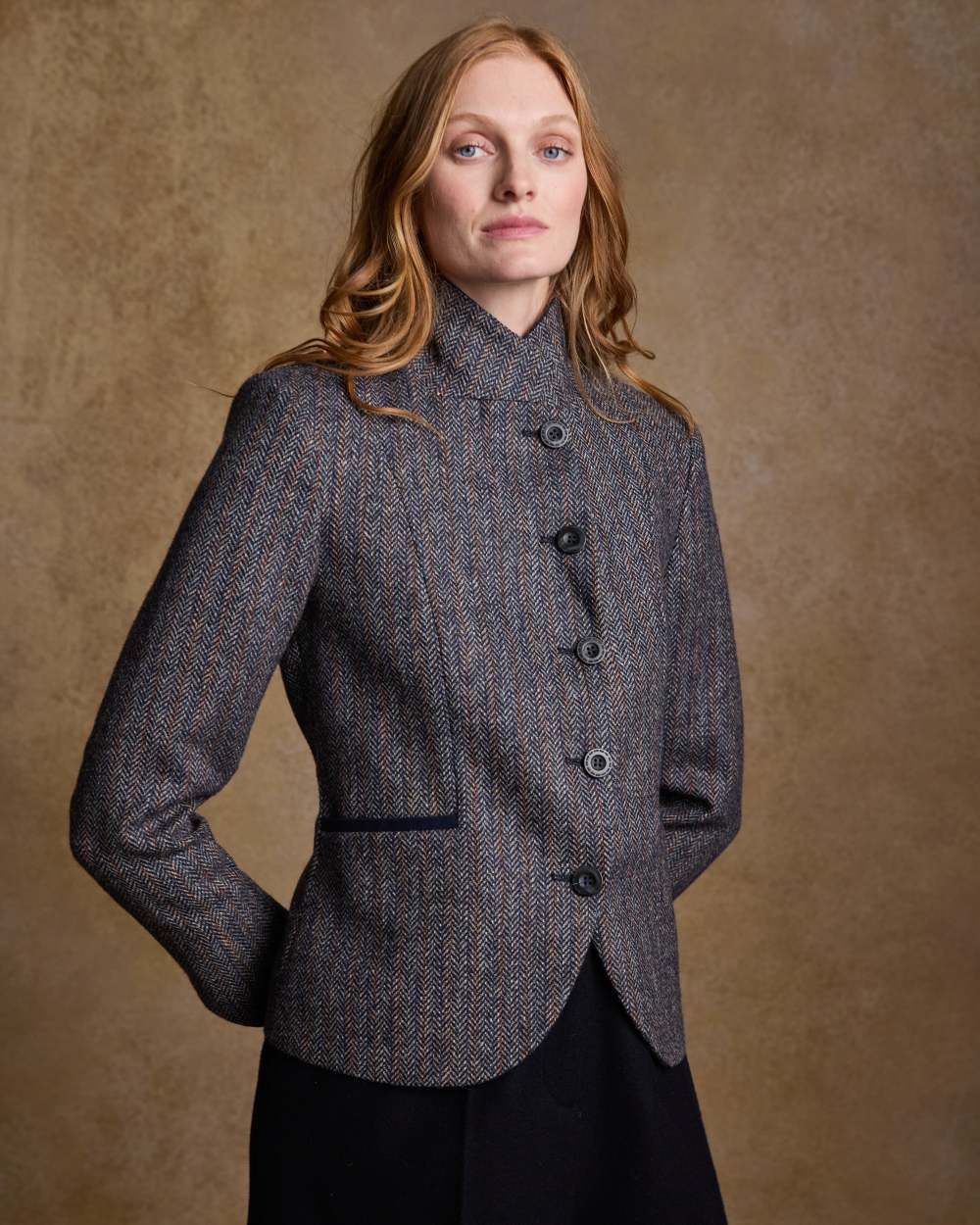 Blue Moon Herringbone Coloured Jack Murphy Sasha Tweed Jacket on indoor background 