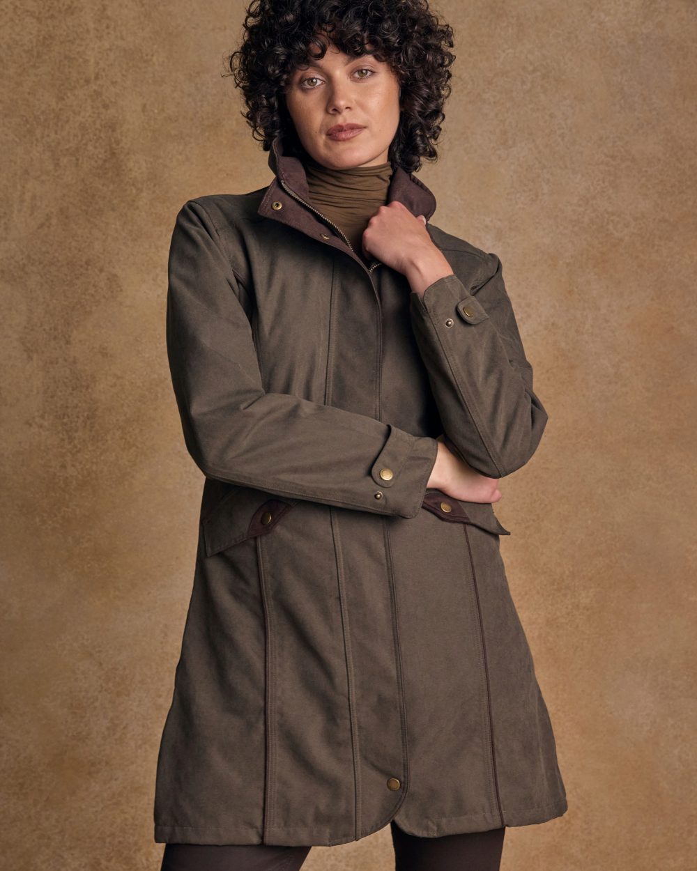 Olive Coloured Jack Murphy Una 3/4 Waterproof Coat on white background 