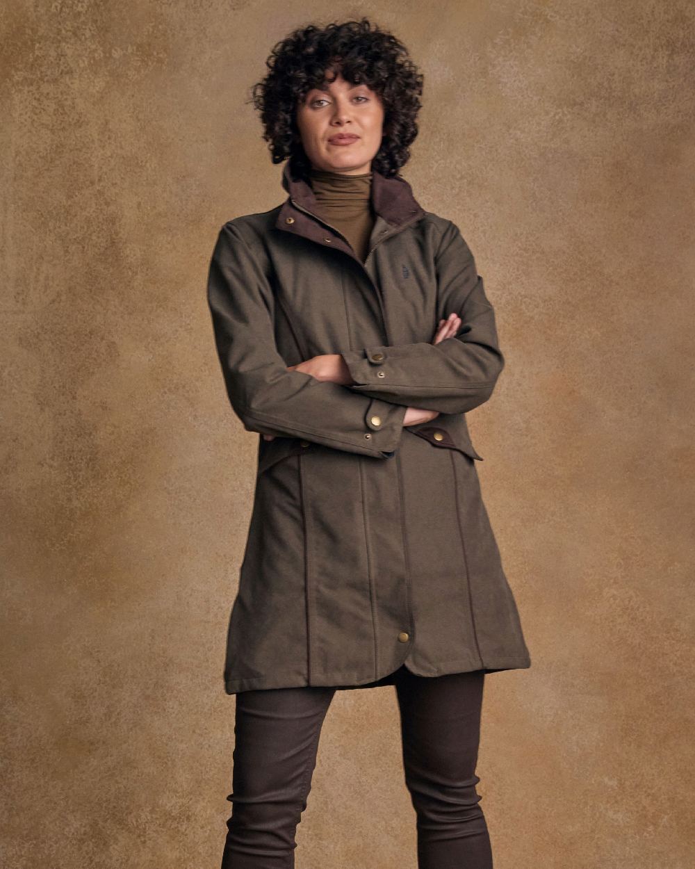 Olive Coloured Jack Murphy Una 3/4 Waterproof Coat on white background 