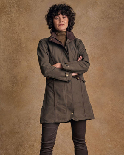 Olive Coloured Jack Murphy Una 3/4 Waterproof Coat on white background 