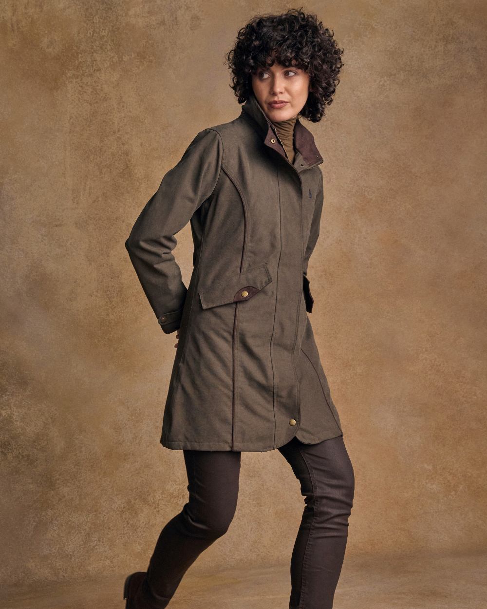 Olive Coloured Jack Murphy Una 3/4 Waterproof Coat on white background 