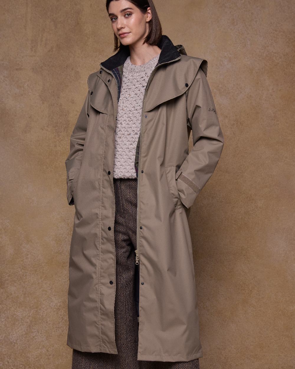 Chinchilla Coloured Jack Murphy Womens Connemara Waterproof Coat on indoor background 